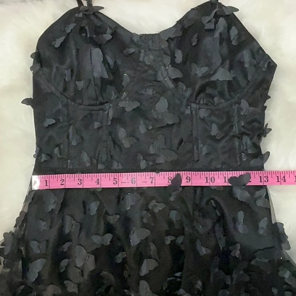 NWT corset tie up prom‎ Dress 3D butterfly Formal Black silver accents  XS S